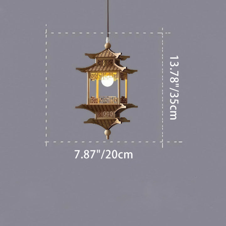 Traditional Chinese Basswood Gazebo-Shaped 1-Light Wooden Pendant Light For Hallway