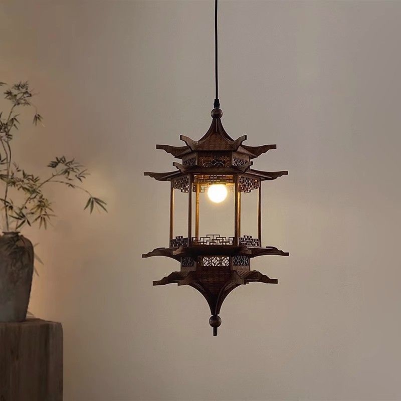Traditional Chinese Basswood Gazebo-Shaped 1-Light Wooden Pendant Light For Hallway