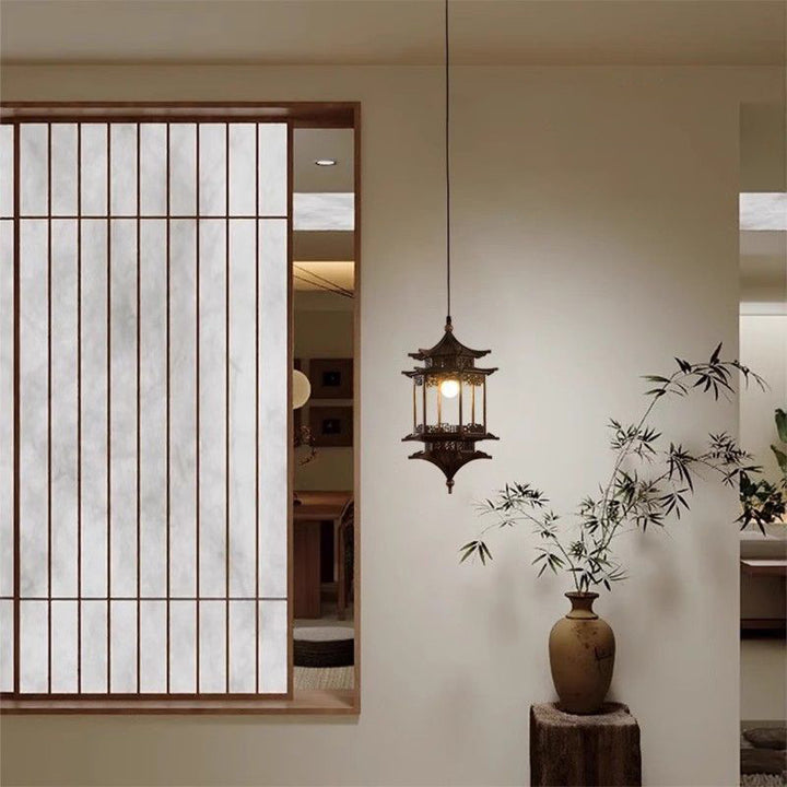 Traditional Chinese Basswood Gazebo-Shaped 1-Light Wooden Pendant Light For Hallway