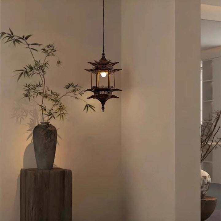 Traditional Chinese Basswood Gazebo-Shaped 1-Light Wooden Pendant Light For Hallway