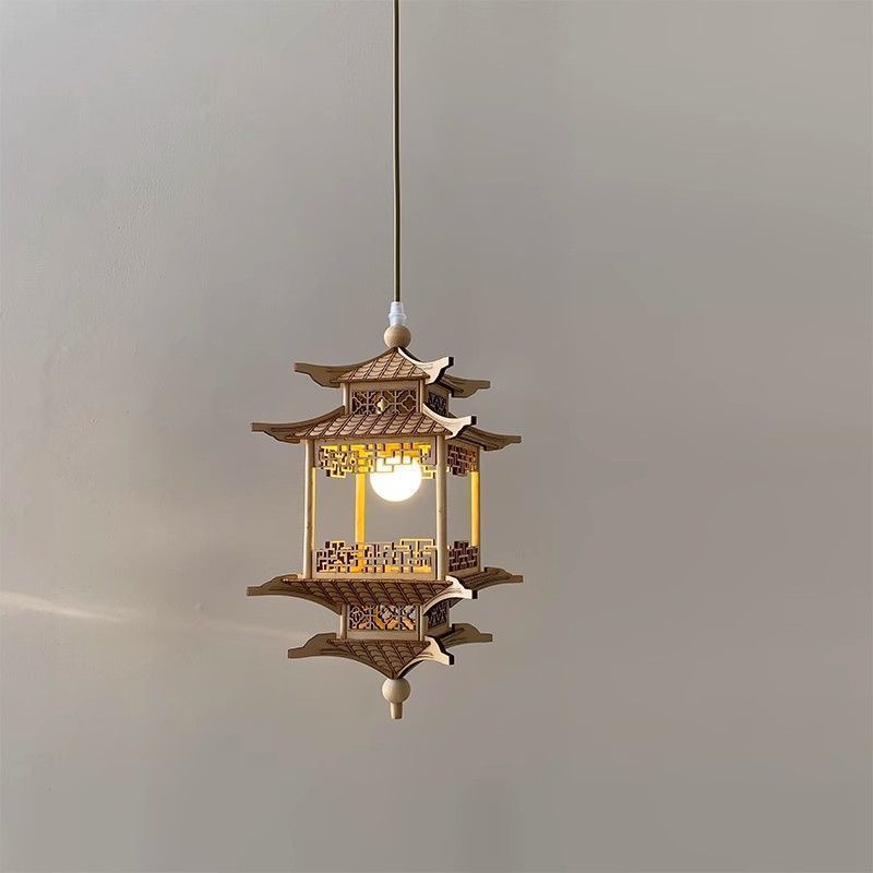 Traditional Chinese Basswood Gazebo-Shaped 1-Light Wooden Pendant Light For Hallway
