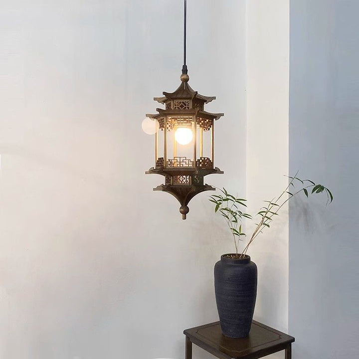 Traditional Chinese Basswood Gazebo-Shaped 1-Light Wooden Pendant Light For Hallway