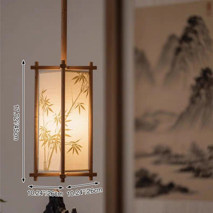Traditional Chinese Ash Wood Fabric Column Bamboo Pattern 1-Light Pendant Light For Bedroom