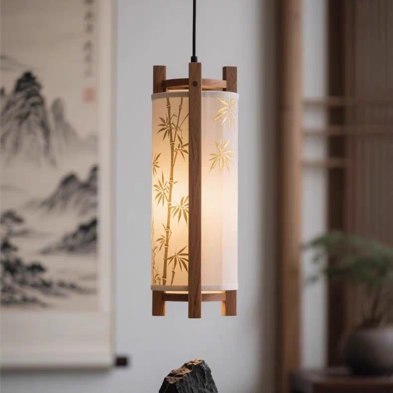 Traditional Chinese Ash Wood Fabric Column Bamboo Pattern 1-Light Pendant Light For Bedroom