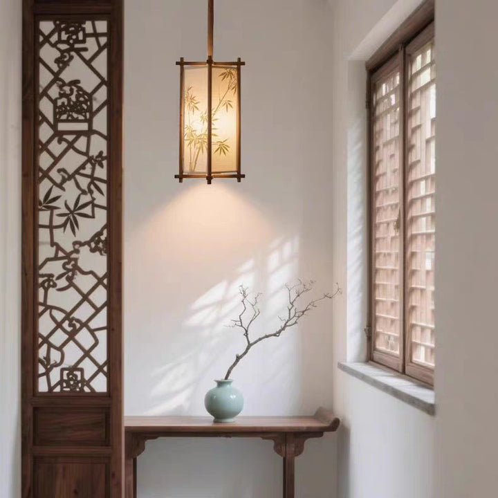 Traditional Chinese Ash Wood Fabric Column Bamboo Pattern 1-Light Pendant Light For Bedroom