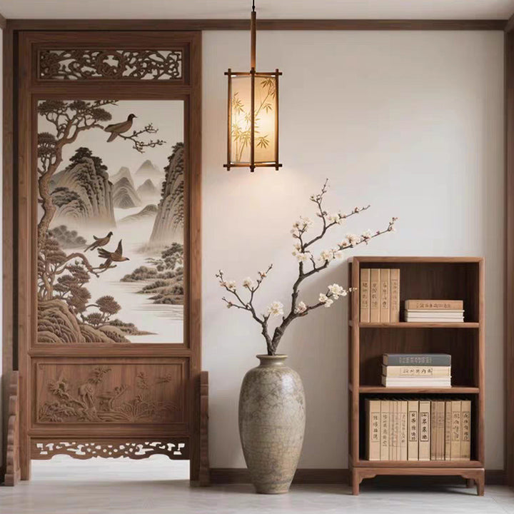 Traditional Chinese Ash Wood Fabric Column Bamboo Pattern 1-Light Pendant Light For Bedroom