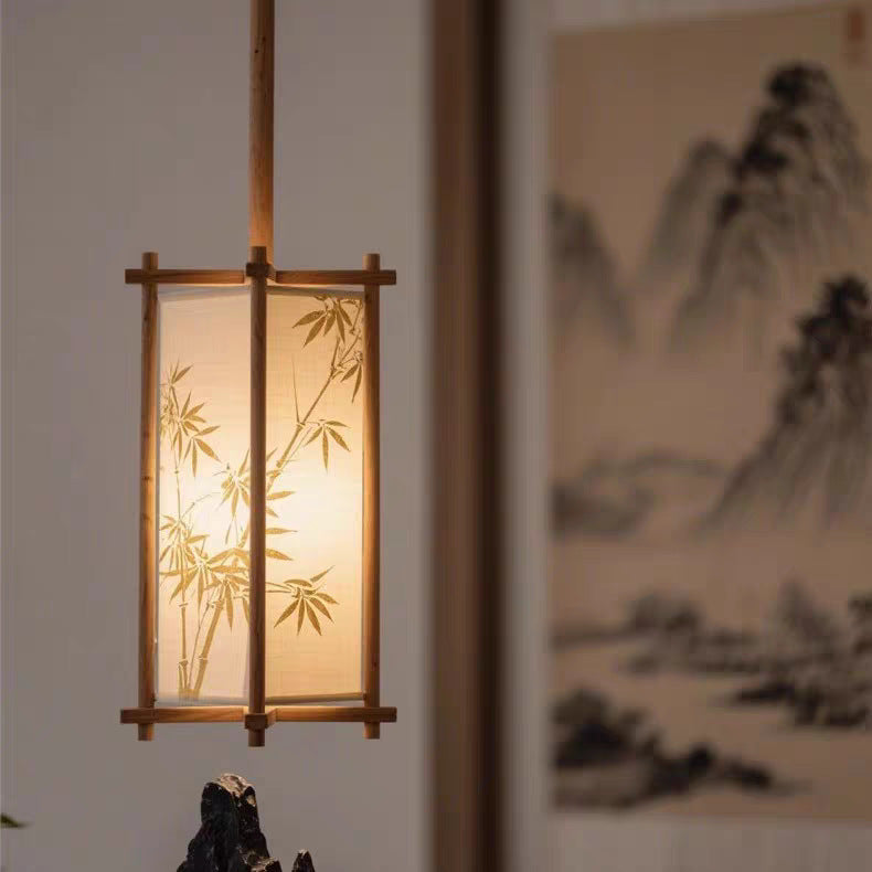 Traditional Chinese Ash Wood Fabric Column Bamboo Pattern 1-Light Pendant Light For Bedroom