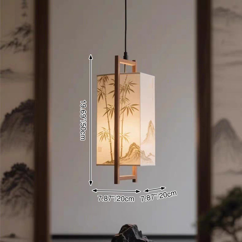 Traditional Chinese Ash Wood Fabric Column Bamboo Pattern 1-Light Pendant Light For Bedroom