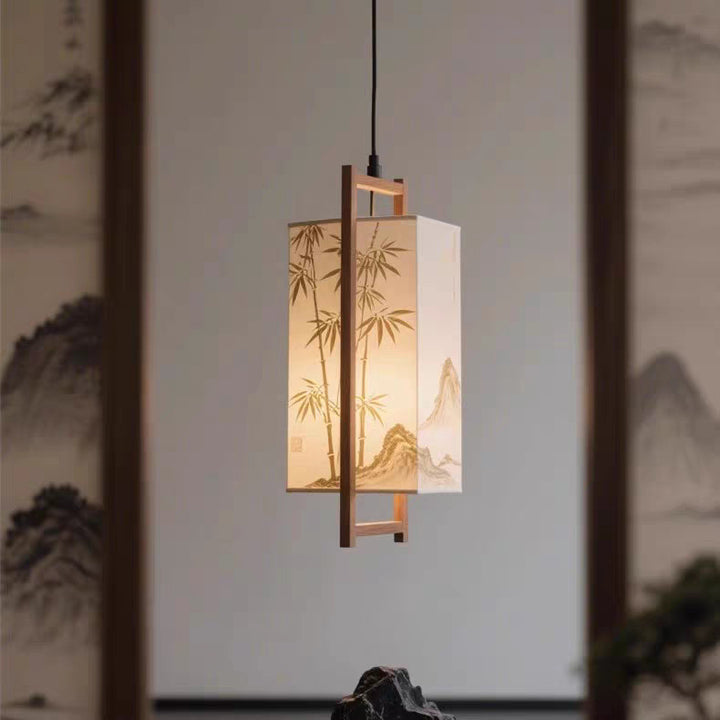 Traditional Chinese Ash Wood Fabric Column Bamboo Pattern 1-Light Pendant Light For Bedroom