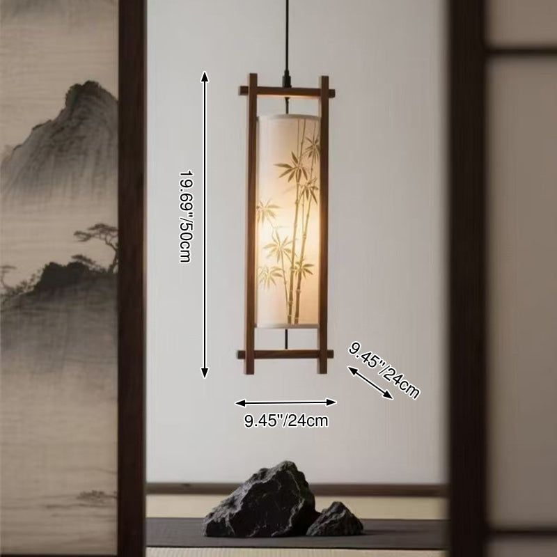 Traditional Chinese Ash Wood Fabric Column Bamboo Pattern 1-Light Pendant Light For Bedroom