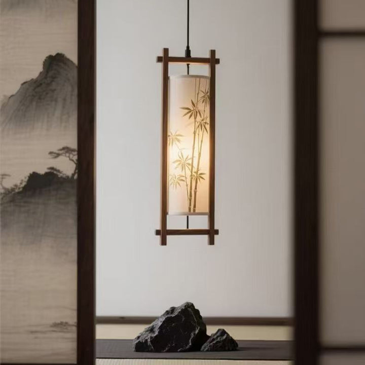 Traditional Chinese Ash Wood Fabric Column Bamboo Pattern 1-Light Pendant Light For Bedroom