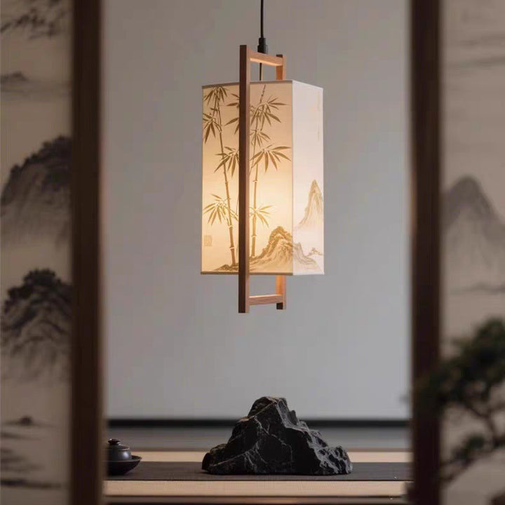 Traditional Chinese Ash Wood Fabric Column Bamboo Pattern 1-Light Pendant Light For Bedroom