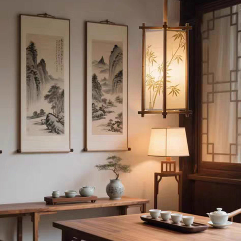 Traditional Chinese Ash Wood Fabric Column Bamboo Pattern 1-Light Pendant Light For Bedroom