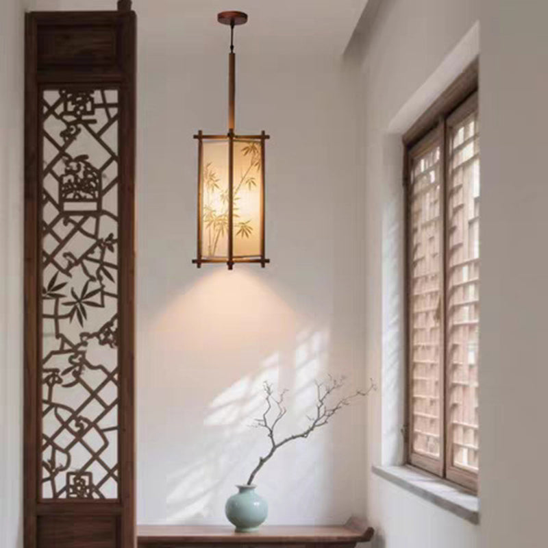 Traditional Chinese Ash Wood Fabric Column Bamboo Pattern 1-Light Pendant Light For Bedroom