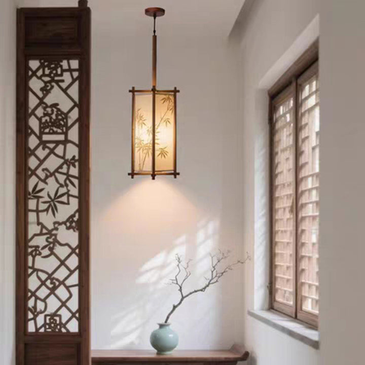 Traditional Chinese Ash Wood Fabric Column Bamboo Pattern 1-Light Pendant Light For Bedroom