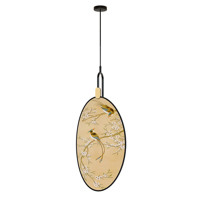 Traditional Chinese Fabric Ash Wood Iron Leaf-Shaped 1-Light Pendant Light For Living Room