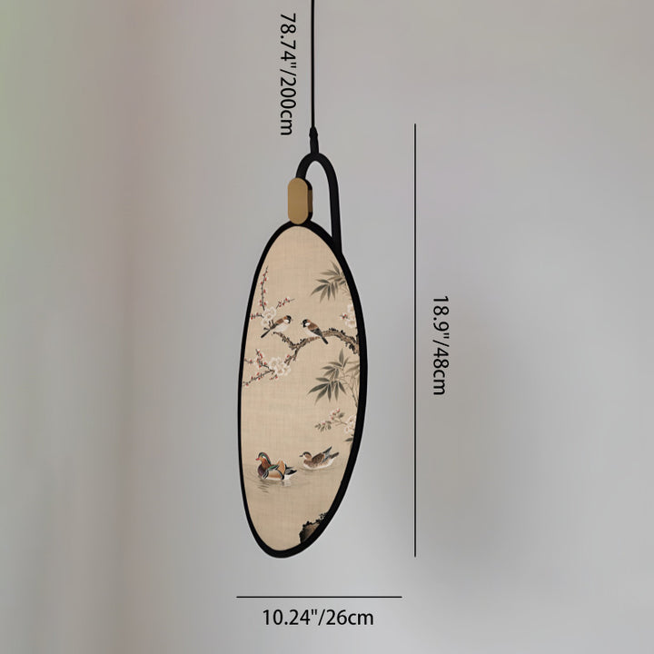 Traditional Chinese Fabric Ash Wood Iron Leaf-Shaped 1-Light Pendant Light For Living Room
