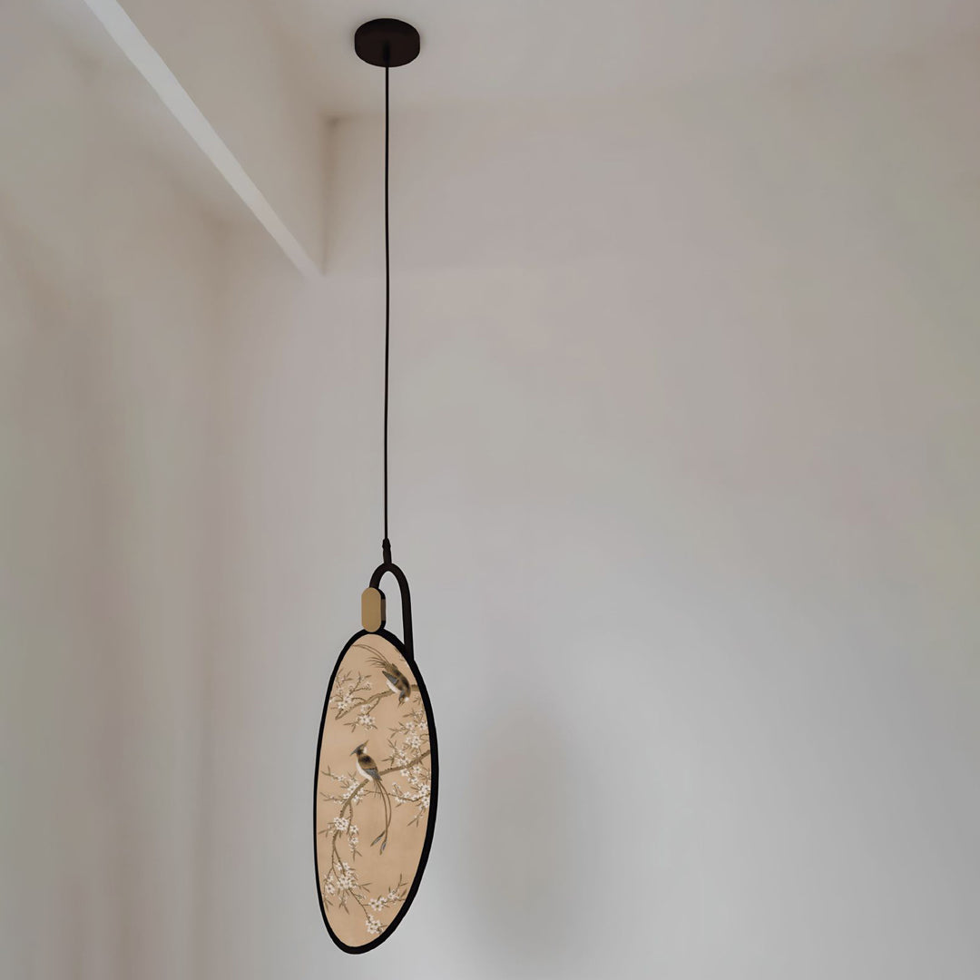 Traditional Chinese Fabric Ash Wood Iron Leaf-Shaped 1-Light Pendant Light For Living Room