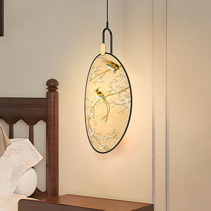 Traditional Chinese Fabric Ash Wood Iron Leaf-Shaped 1-Light Pendant Light For Living Room