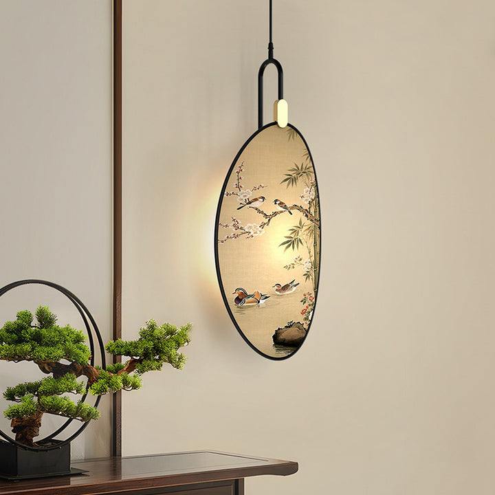 Traditional Chinese Fabric Ash Wood Iron Leaf-Shaped 1-Light Pendant Light For Living Room