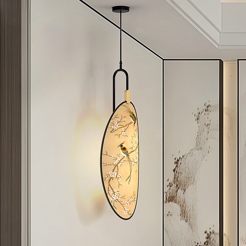 Traditional Chinese Fabric Ash Wood Iron Leaf-Shaped 1-Light Pendant Light For Living Room