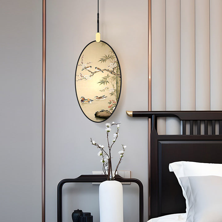 Traditional Chinese Fabric Ash Wood Iron Leaf-Shaped 1-Light Pendant Light For Living Room