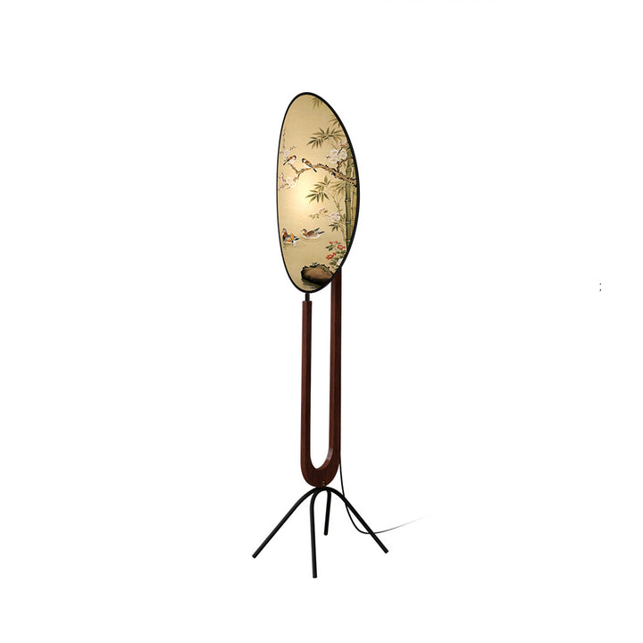 Traditional Chinese Fabric Ash Wood Iron Leaf-Shaped 1-Light Standing Floor Lamp For Living Room