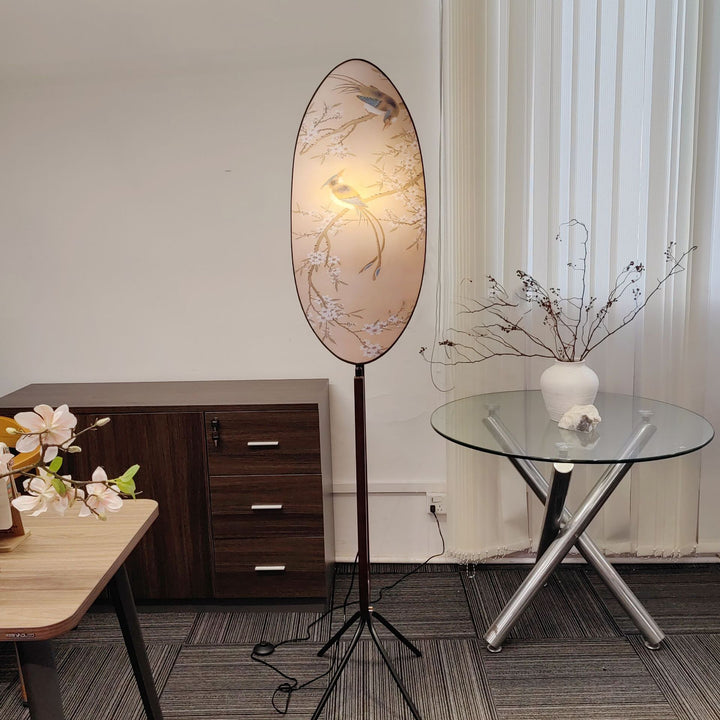 Traditional Chinese Fabric Ash Wood Iron Leaf-Shaped 1-Light Standing Floor Lamp For Living Room