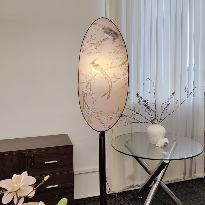 Traditional Chinese Fabric Ash Wood Iron Leaf-Shaped 1-Light Standing Floor Lamp For Living Room