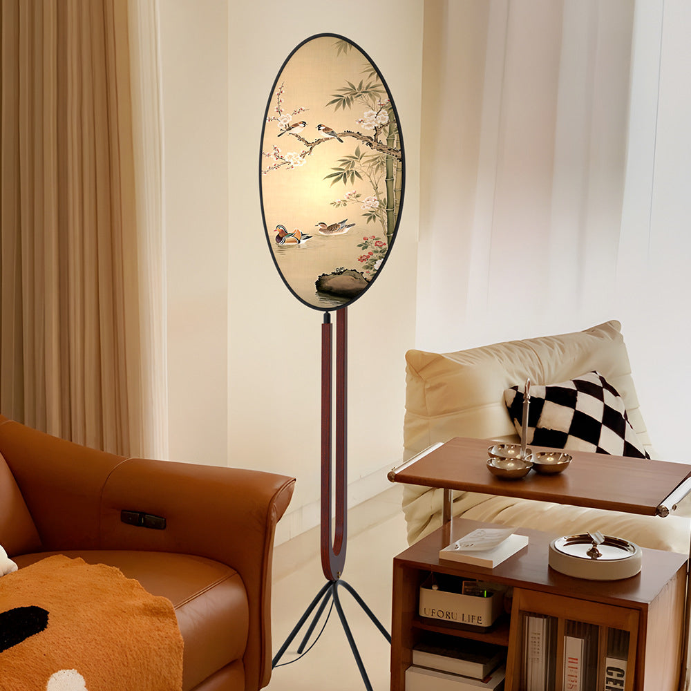 Traditional Chinese Fabric Ash Wood Iron Leaf-Shaped 1-Light Standing Floor Lamp For Living Room