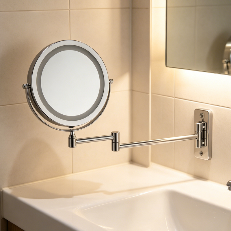 Modern Minimalist Round Iron Glass LED Wall Mirror Foldable For Bathroom