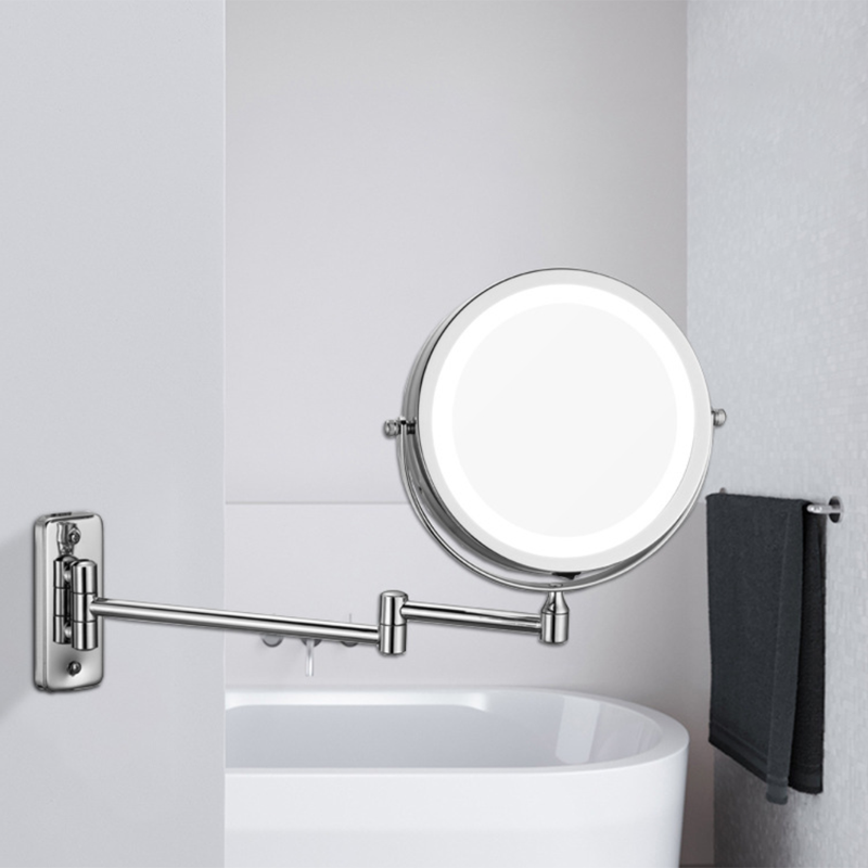 Modern Minimalist Round Iron Glass LED Wall Mirror Foldable For Bathroom