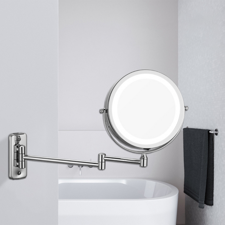 Modern Minimalist Round Iron Glass LED Wall Mirror Foldable For Bathroom