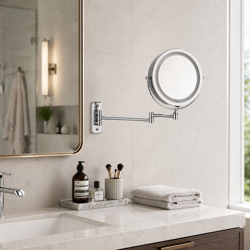 Modern Minimalist Round Iron Glass LED Wall Mirror Foldable For Bathroom