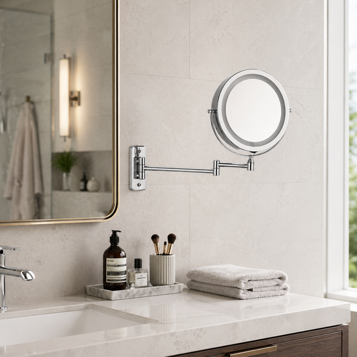 Modern Minimalist Round Iron Glass LED Wall Mirror Foldable For Bathroom