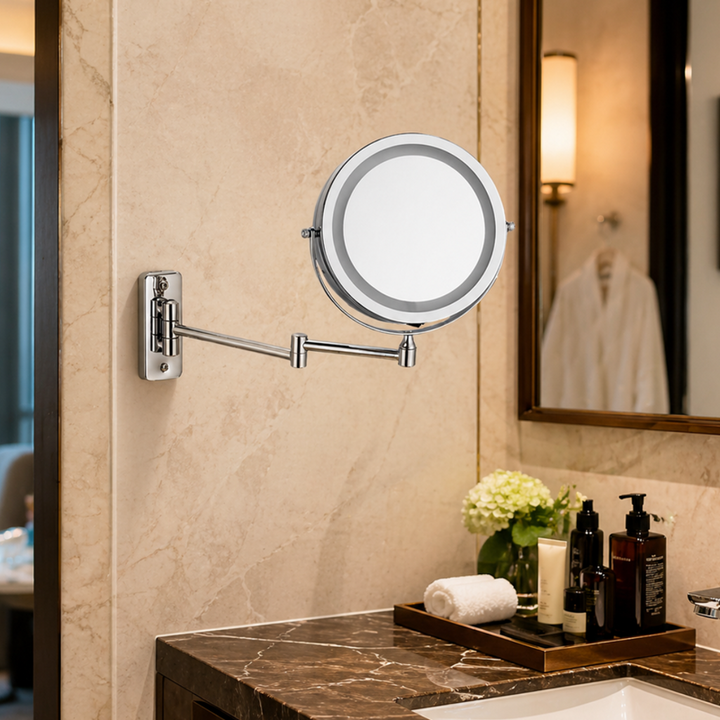 Modern Minimalist Round Iron Glass LED Wall Mirror Foldable For Bathroom