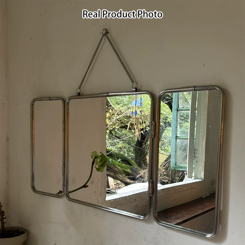 Modern Minimalist Rectangular Stainless Steel Glass Tri-Fold Wall Mirror For Bathroom