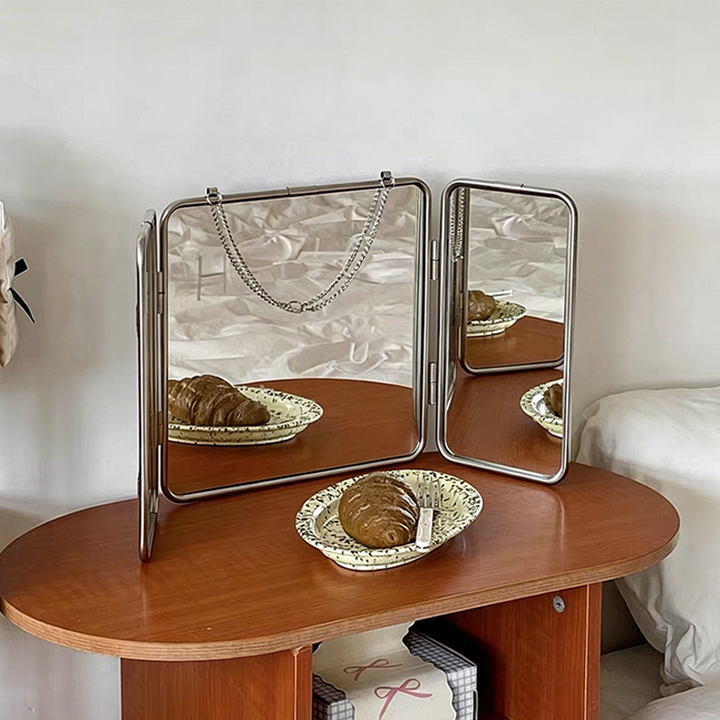 Modern Minimalist Rectangular Stainless Steel Glass Tri-Fold Wall Mirror For Bathroom