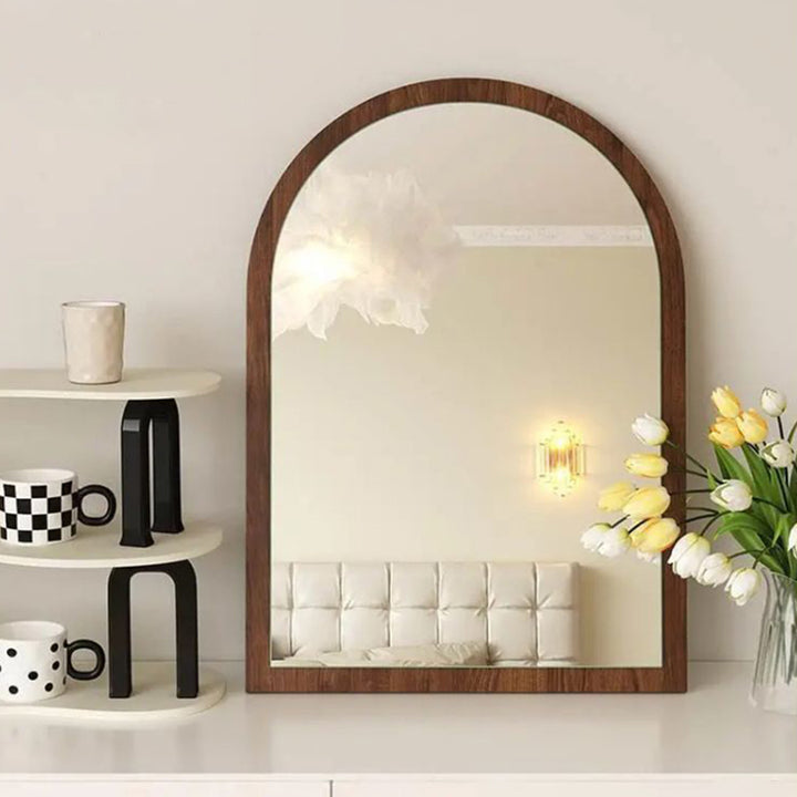 Modern Mid-Century Particleboard Glass Tabletop Arched Shaped Wall-Mountable Wall Mirror For Bedroom &amp; Entryway