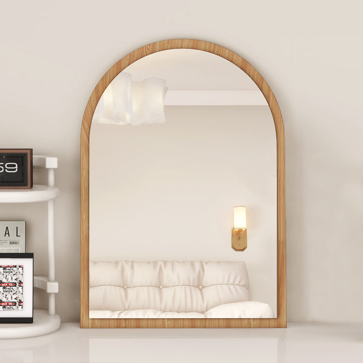 Modern Mid-Century Particleboard Glass Tabletop Arched Shaped Wall-Mountable Wall Mirror For Bedroom &amp; Entryway