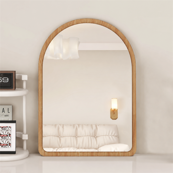 Modern Mid-Century Particleboard Glass Tabletop Arched Shaped Wall-Mountable Wall Mirror For Bedroom & Entryway