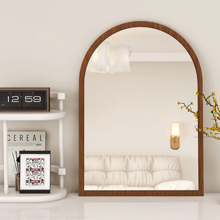Modern Mid-Century Particleboard Glass Tabletop Arched Shaped Wall-Mountable Wall Mirror For Bedroom &amp; Entryway