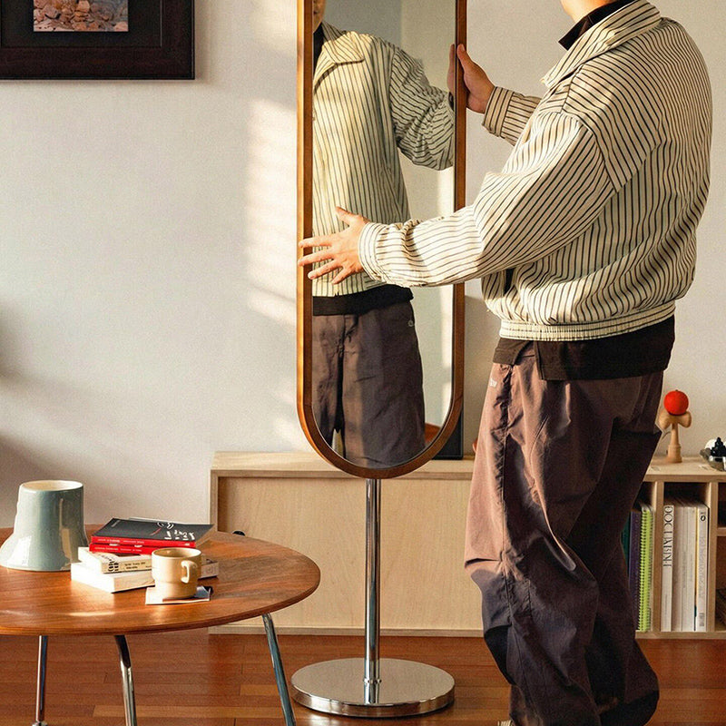 Modern Mid-Century Glass Rubberwood Stainless Steel Decorative Rotating Full-Length Floor Mirror For Bedroom