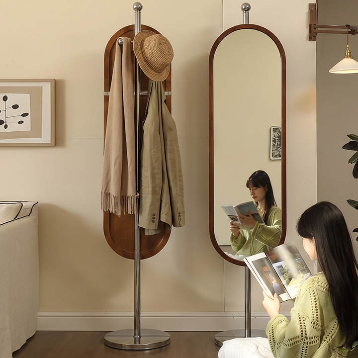 Modern Mid-Century Glass Rubberwood Stainless Steel Decorative Rotating Full-Length Floor Mirror For Bedroom