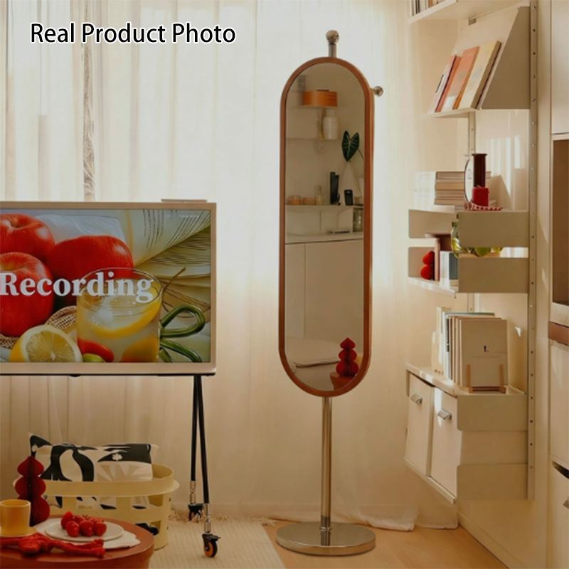 Modern Mid-Century Glass Rubberwood Stainless Steel Decorative Rotating Full-Length Floor Mirror For Bedroom