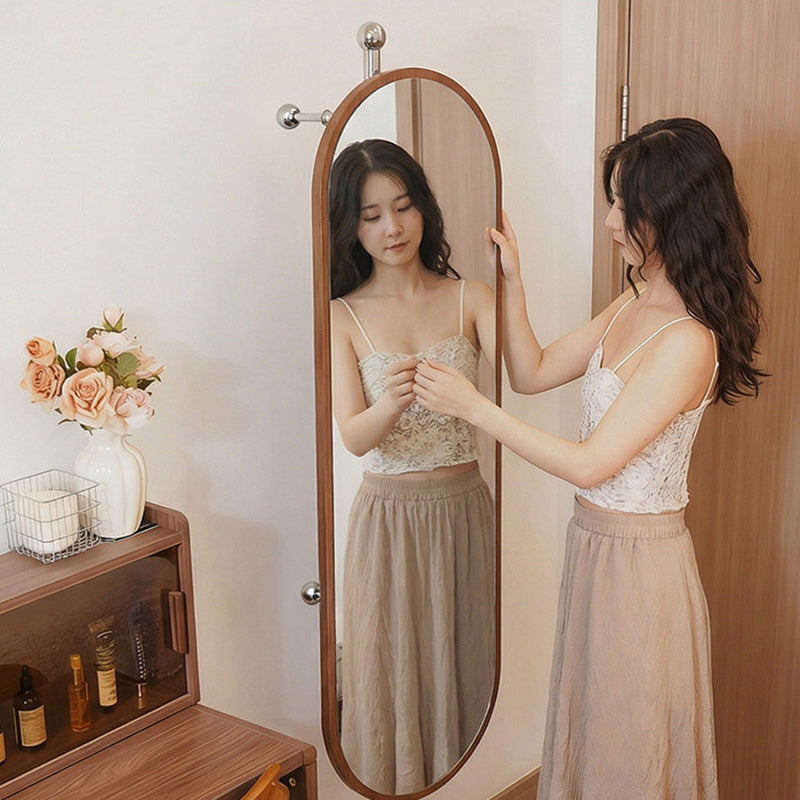 Modern Mid-Century Glass Rubberwood Stainless Steel Decorative Rotating Full-Length Floor Mirror For Bedroom