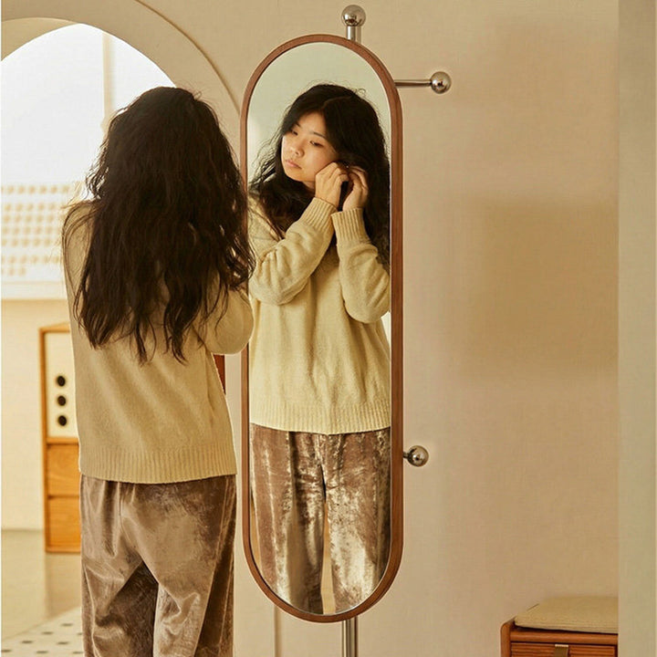 Modern Mid-Century Glass Rubberwood Stainless Steel Decorative Rotating Full-Length Floor Mirror For Bedroom