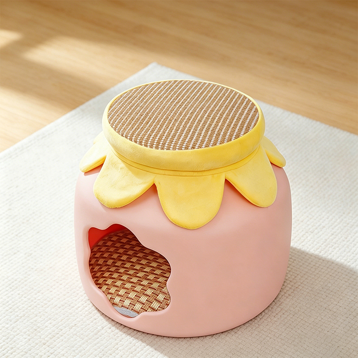 Contemporary Creative Flower Shape Velvet Plastic Faux Rattan Linen Cat Bed For Home