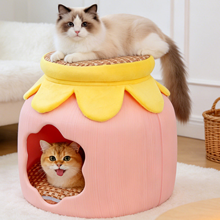 Contemporary Creative Flower Shape Velvet Plastic Faux Rattan Linen Cat Bed For Home