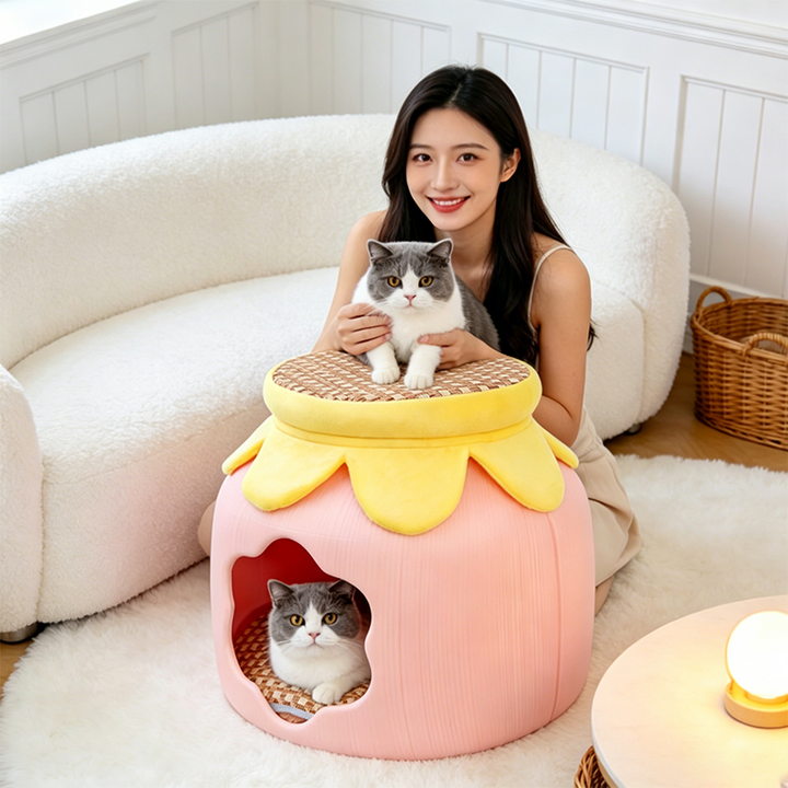 Contemporary Creative Flower Shape Velvet Plastic Faux Rattan Linen Cat Bed For Home